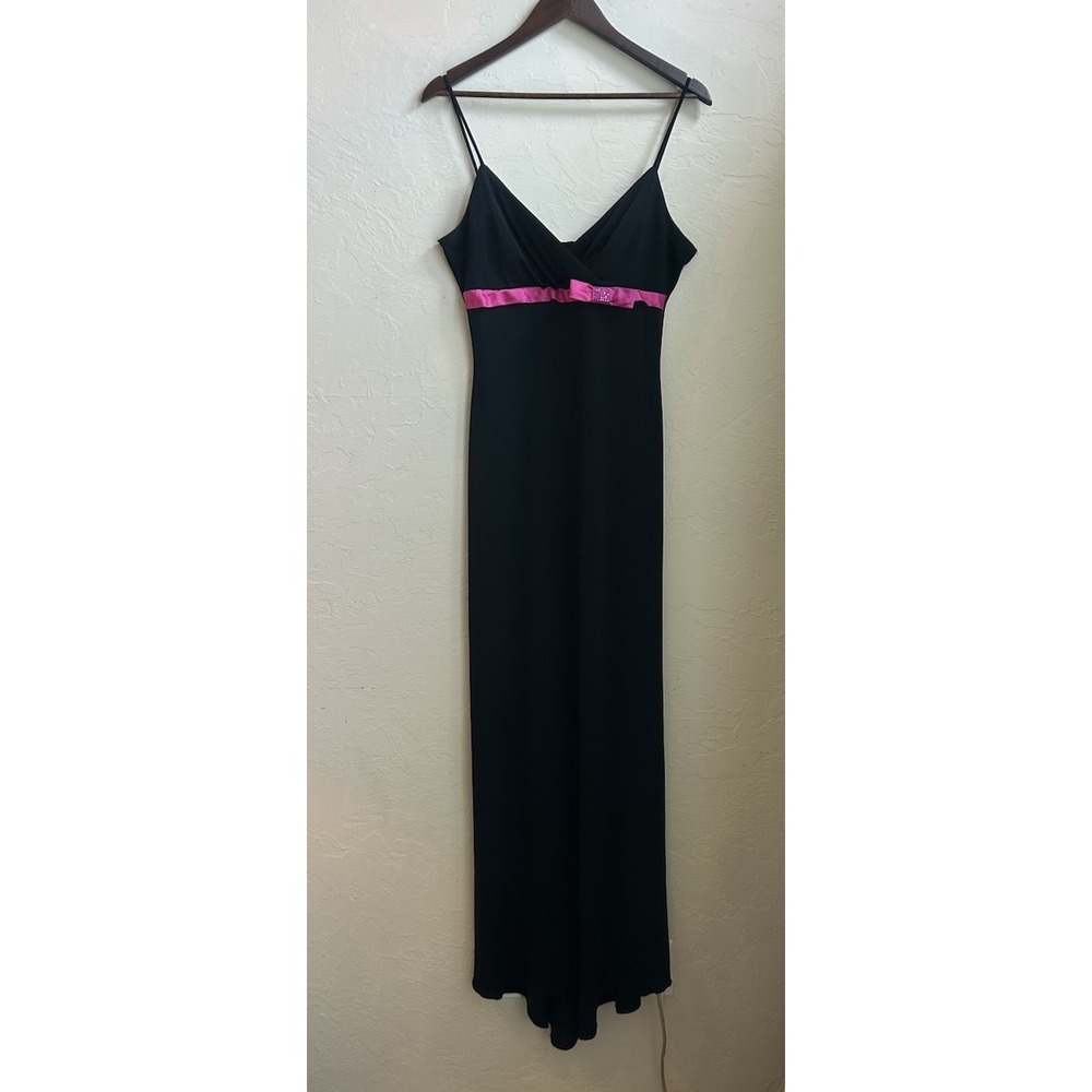 Vintage 90s Y2K City Triangles Black Pink Maxi Slip Dress L Formal Goth Bow Emo
